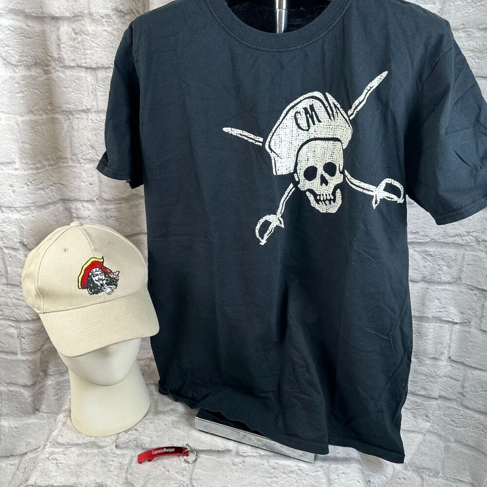 Lot Of 3 Captain Morgan Rum Merch Keychain Embroidered Hat Mens Shirt Large NWOT